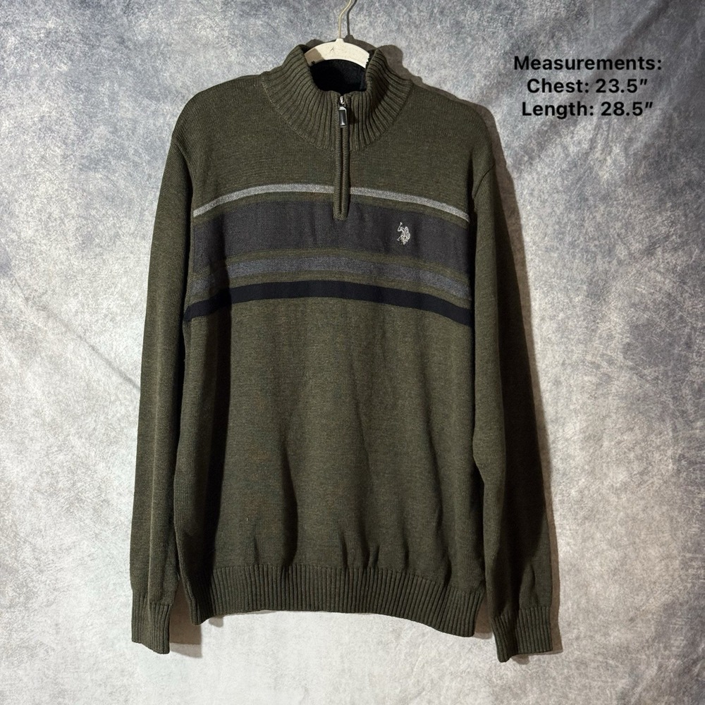 U.S. Polo Assn Men's XL Quarter‎ Zip Sweater Olive Green Stripe Knit Pullover